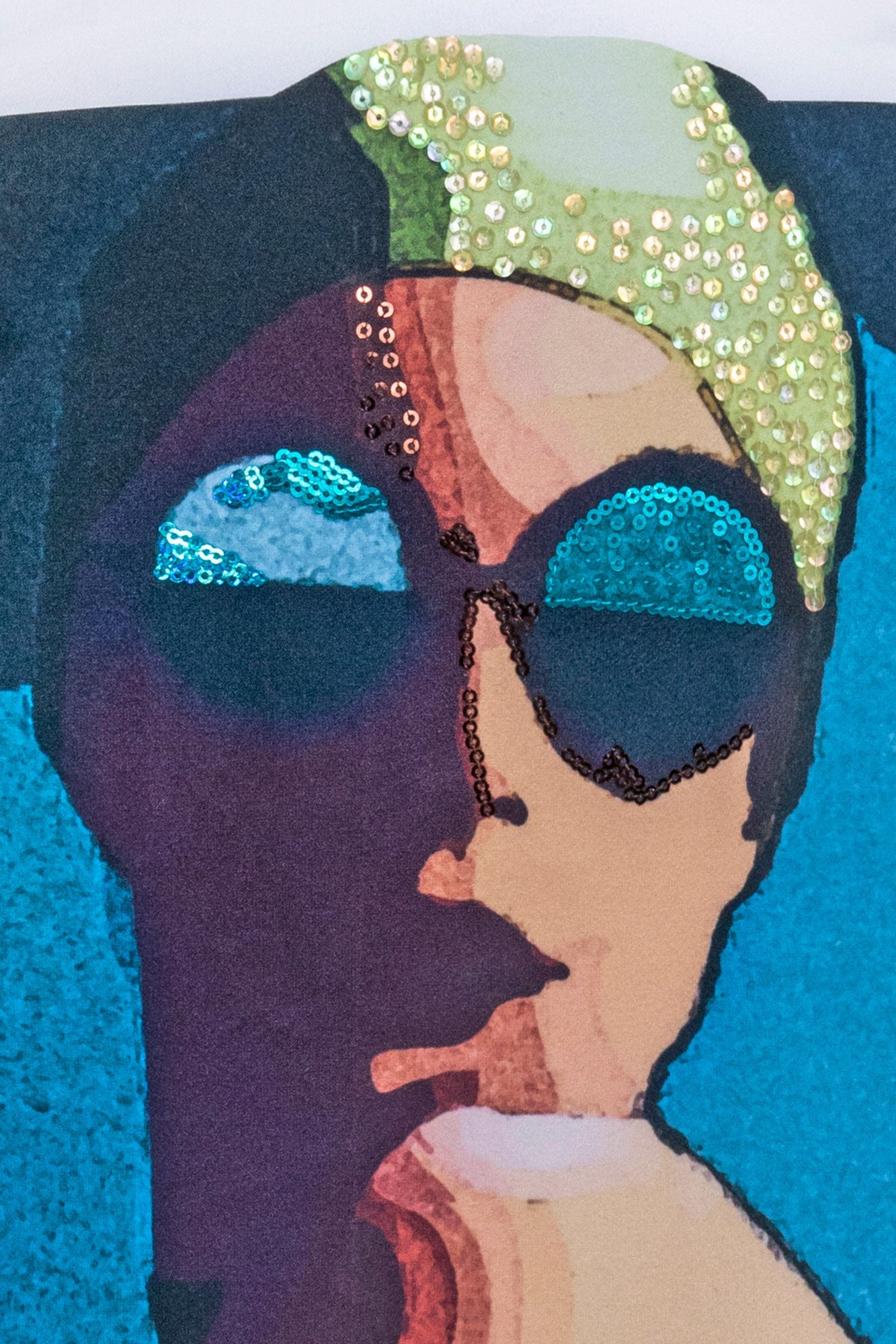 The Sol Nadadora White Shirt — detail of sequin and bead embroidery on Nadadora portrait back panel