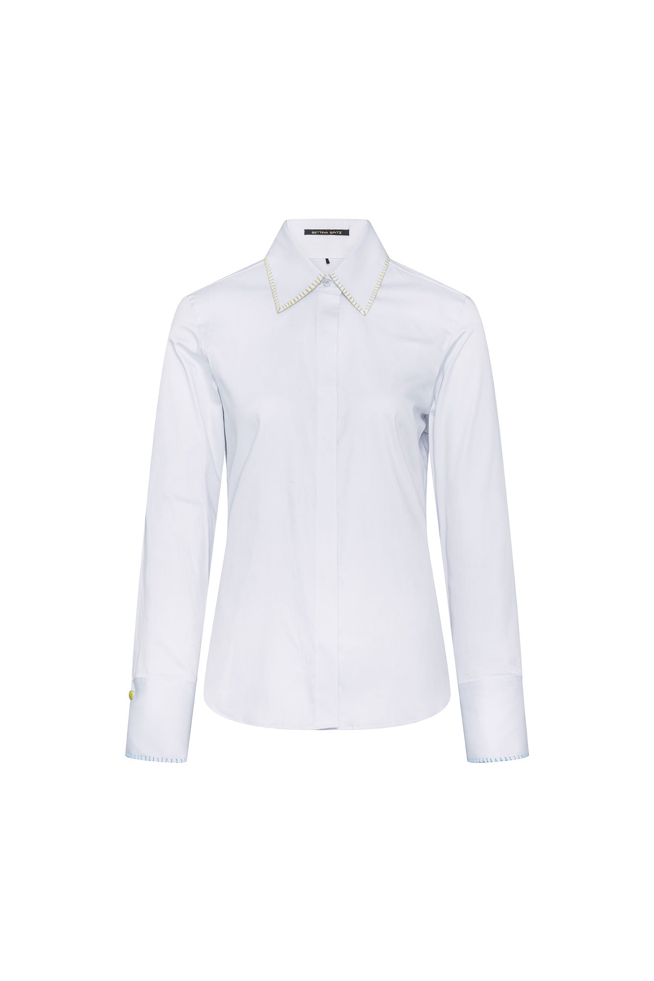 The Sol Nadadora White Shirt — front view with whipstitch collar and gem cufflinks