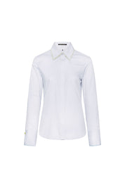 The Sol Nadadora White Shirt — front view with whipstitch collar and gem cufflinks