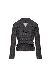 Belted Tweed Jacket with Lapel Collar – Brown