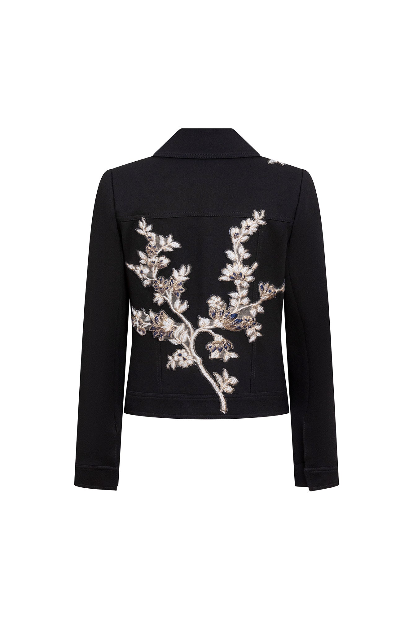 The Chaqueta Barroco — back view showing full symmetrical hand-embroidered baroque bouquet spanning the entire back panel in silver and gold metallic raised satin stitch