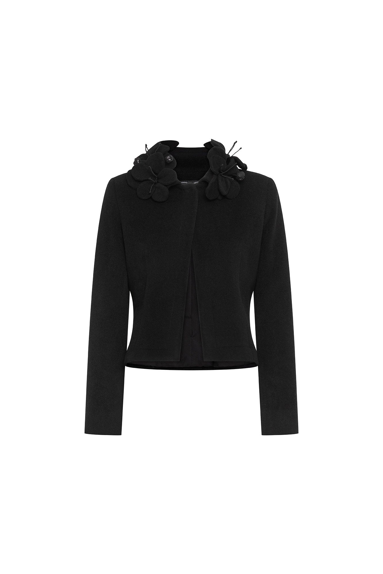 The Valentina — Black Cropped Jacket with 3D Floral Collar