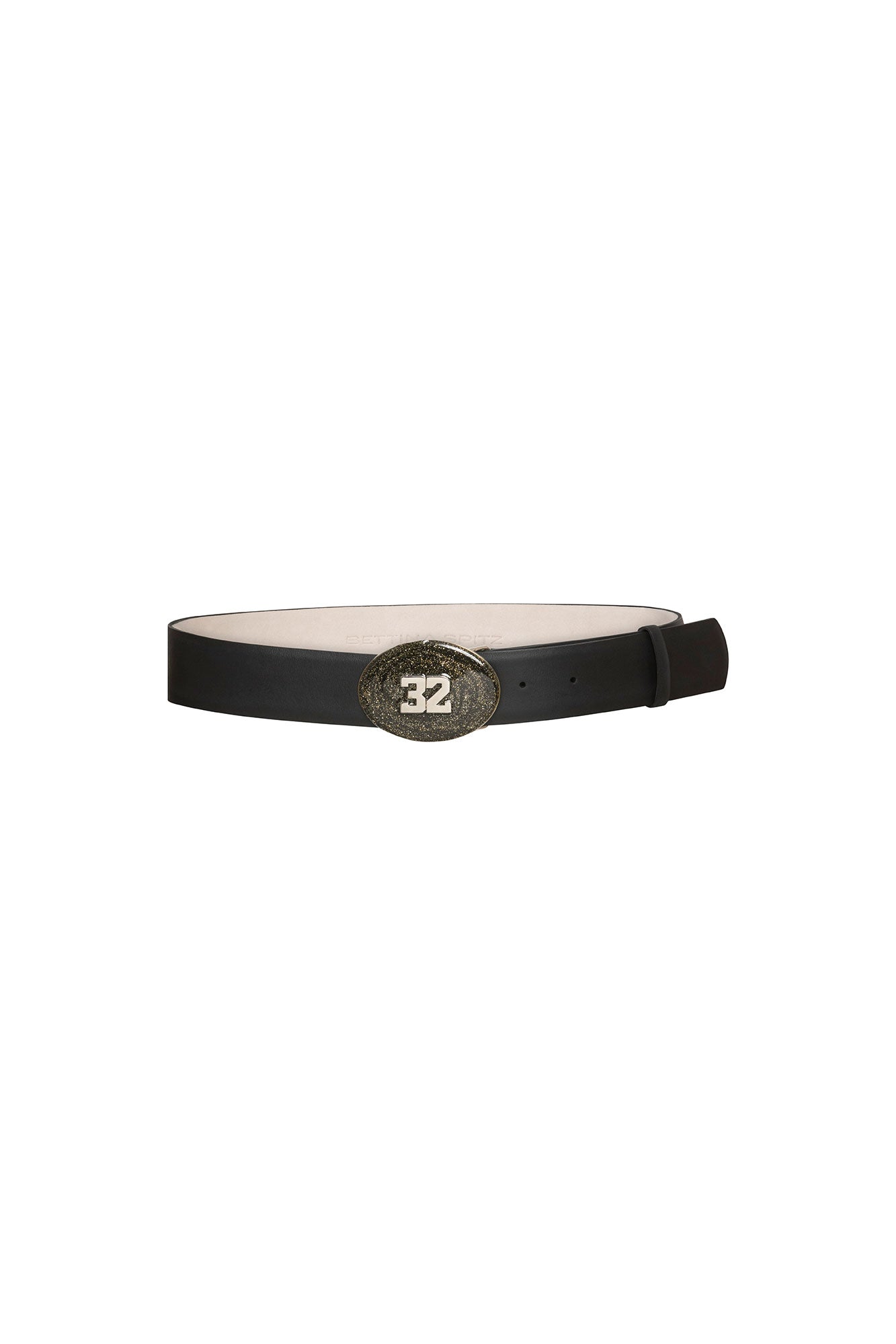 Bettina Spitz black belt with textured oval metal buckle featuring a contrasting number 32