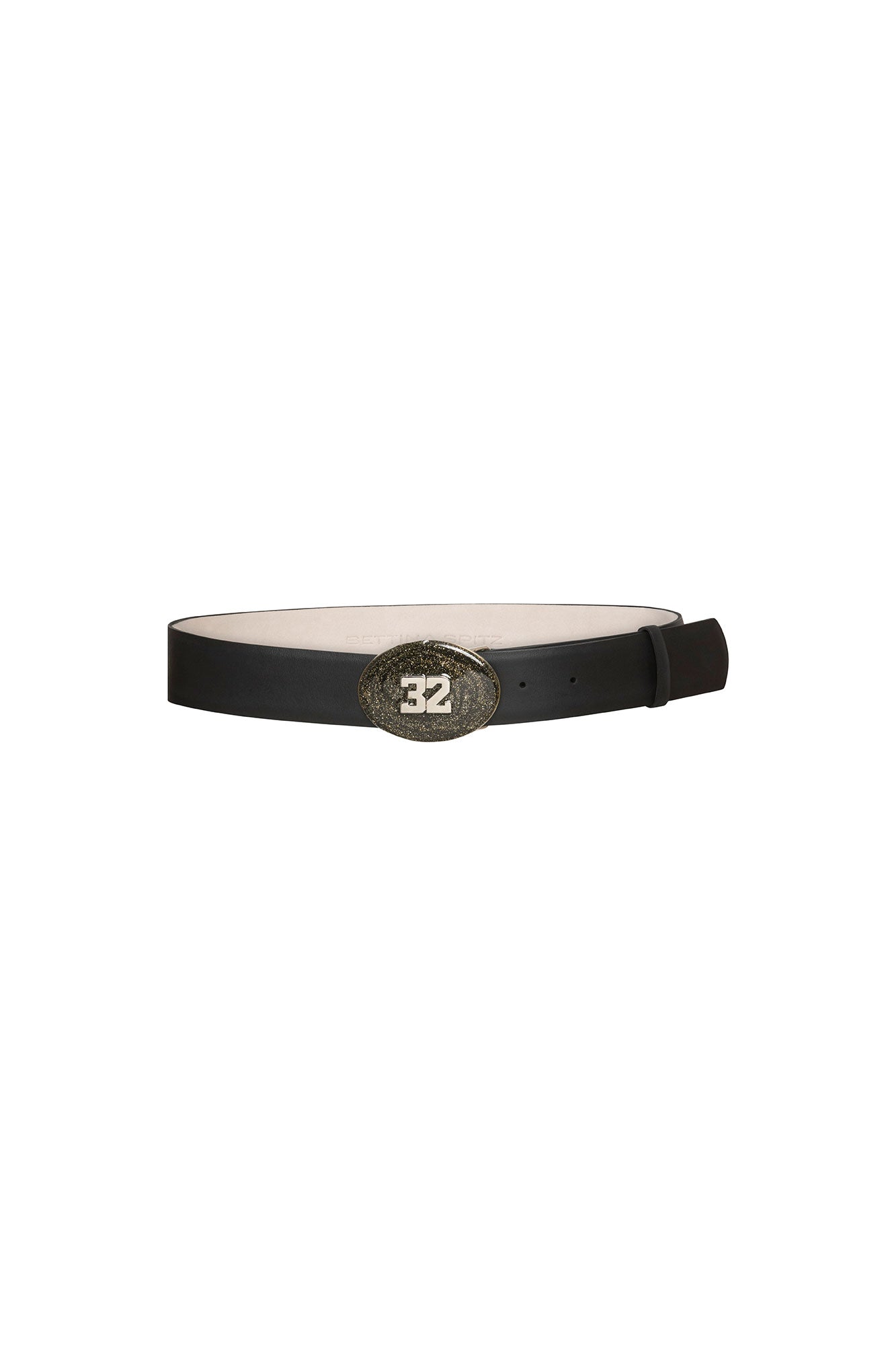 Bettina Spitz black belt with textured oval metal buckle featuring a contrasting number 32