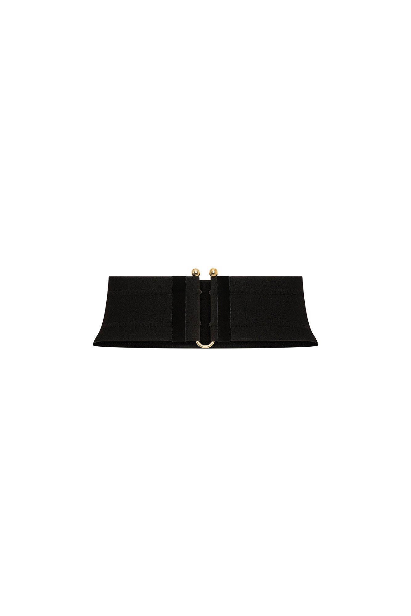 The Terciopelo Belt Black Velvet Corset Belt — full view showing curved silhouette with gold bar and ball-end closure through D-ring at center front