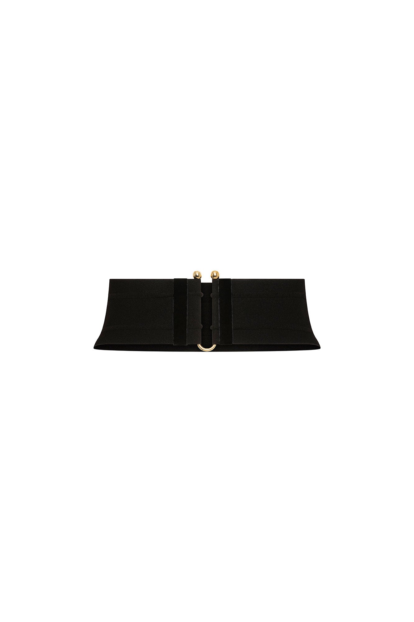 The Terciopelo Belt Black Velvet Corset Belt — full view showing curved silhouette with gold bar and ball-end closure through D-ring at center front