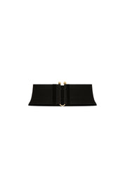 The Terciopelo Belt Black Velvet Corset Belt — full view showing curved silhouette with gold bar and ball-end closure through D-ring at center front
