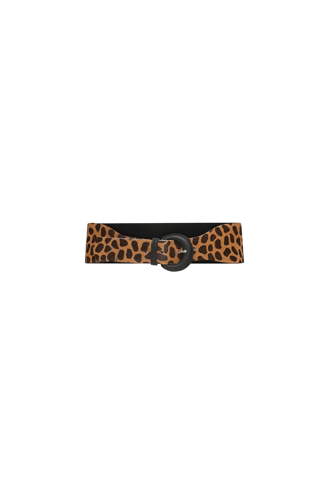Front view of Bettina Spitz black waist belt with spotted animal-print panels and a round black buckle