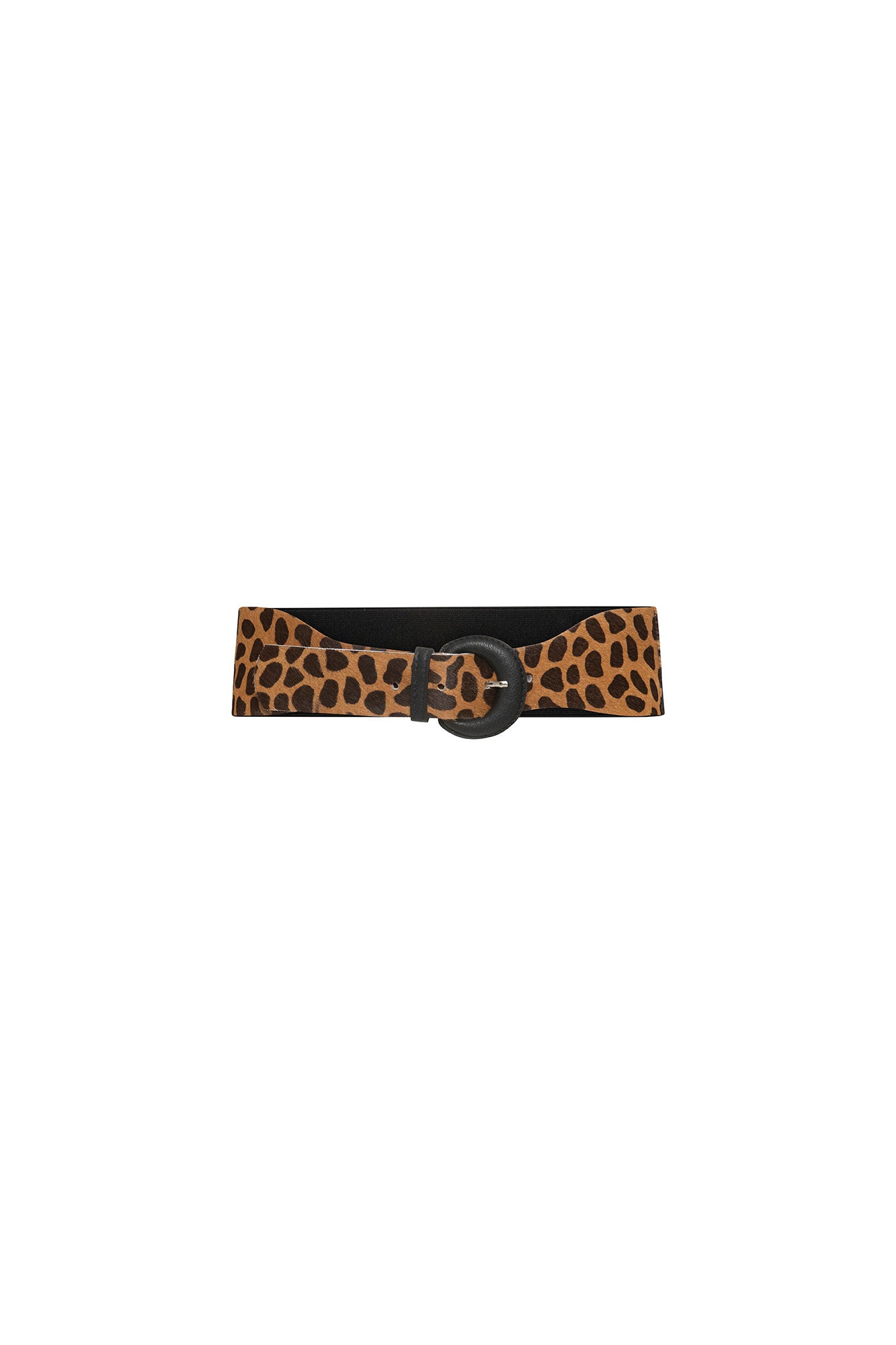 Front view of Bettina Spitz black waist belt with spotted animal-print panels and a round black buckle