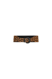 Front view of Bettina Spitz black waist belt with spotted animal-print panels and a round black buckle
