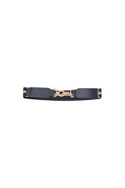 Navy Leather-Trim Waist Belt