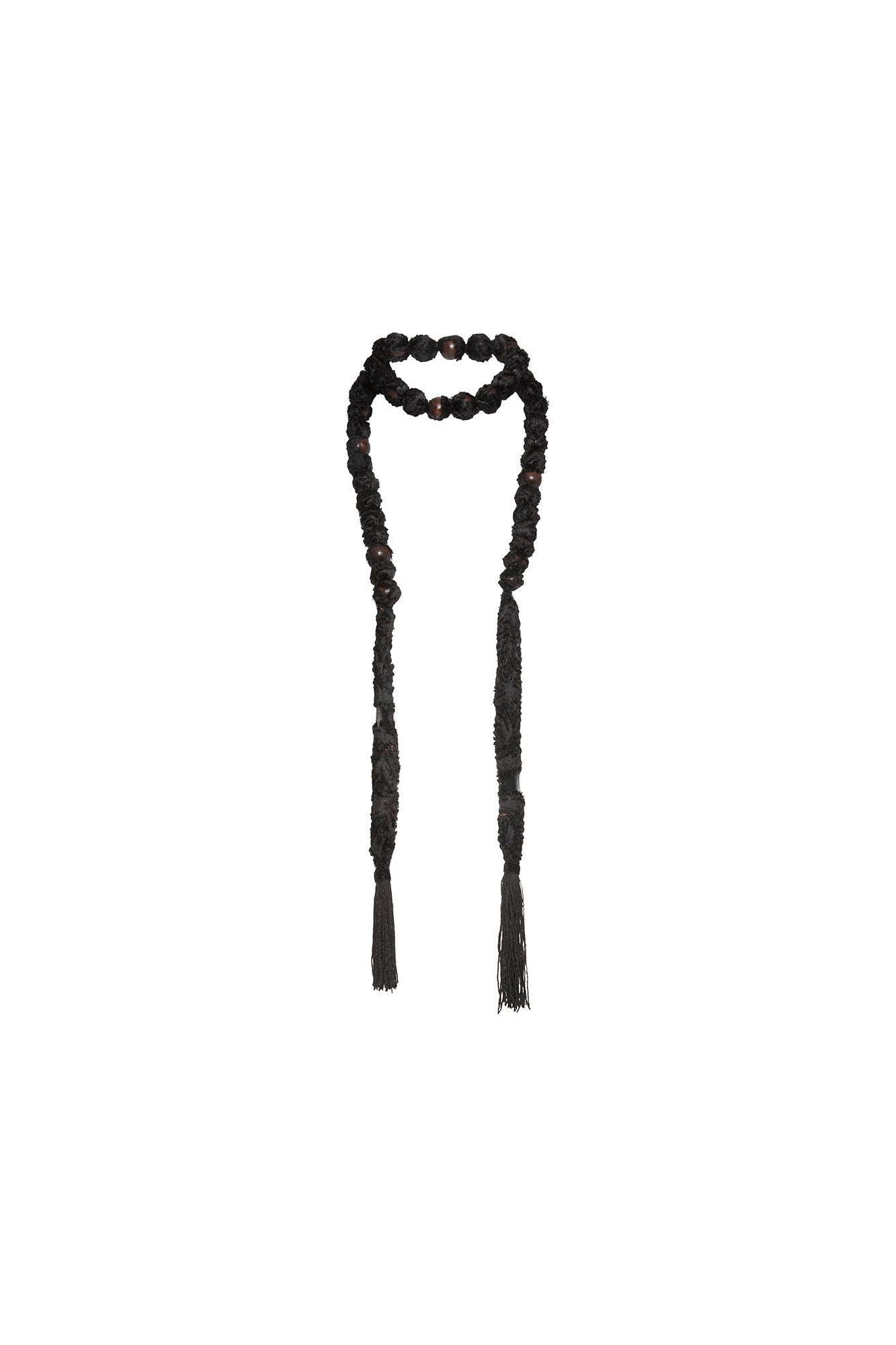 Bettina Spitz black lace necklace with rounded bead details and two long fringed ends, full-length view