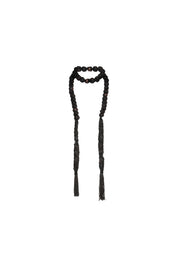 Bettina Spitz black lace necklace with rounded bead details and two long fringed ends, full-length view