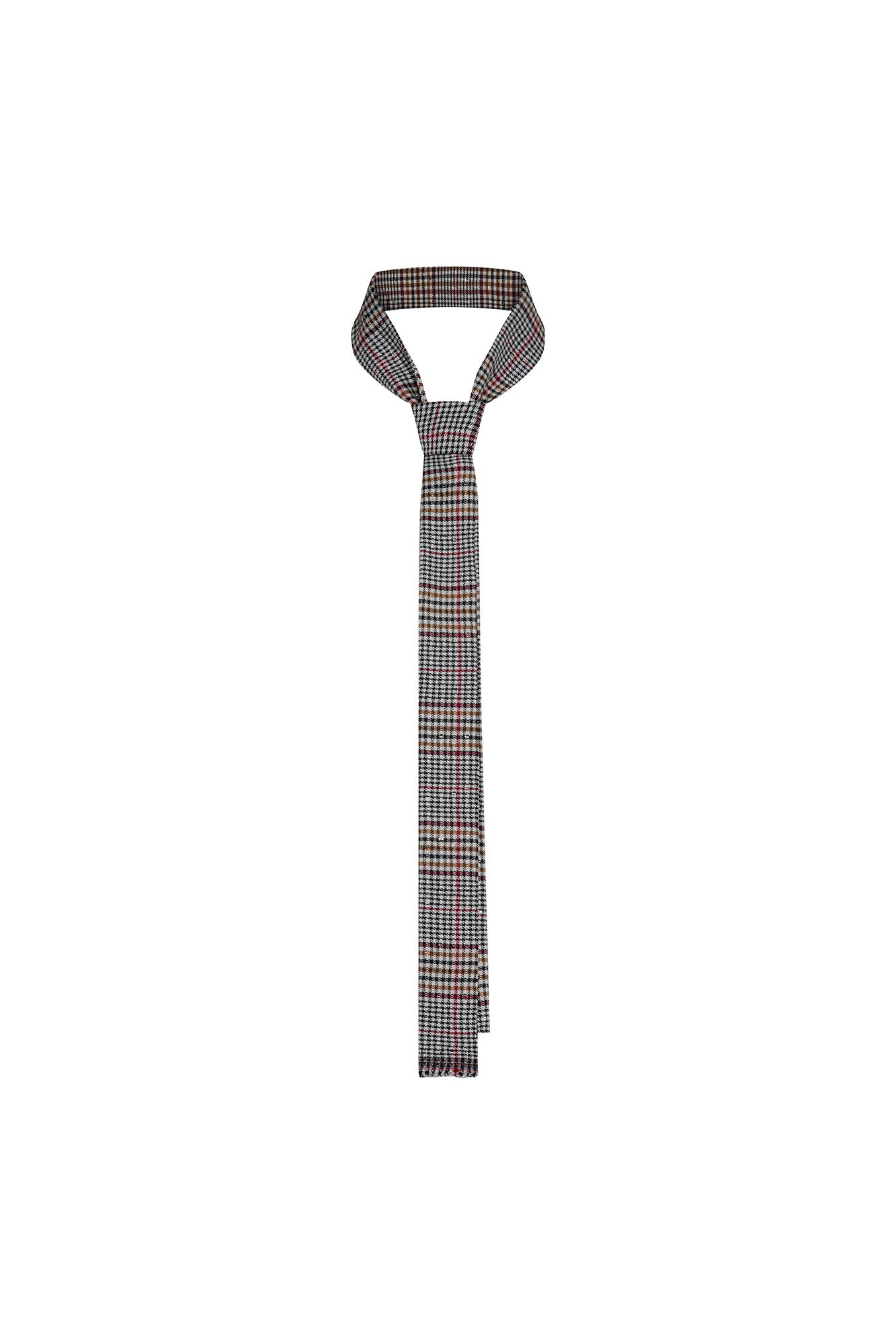 The Corbata Escocés Women's Slim Tie — full front view showing slim flat silhouette with clean blunt square tip in fine ivory, black, warm brown and burgundy Scottish houndstooth-within-plaid check