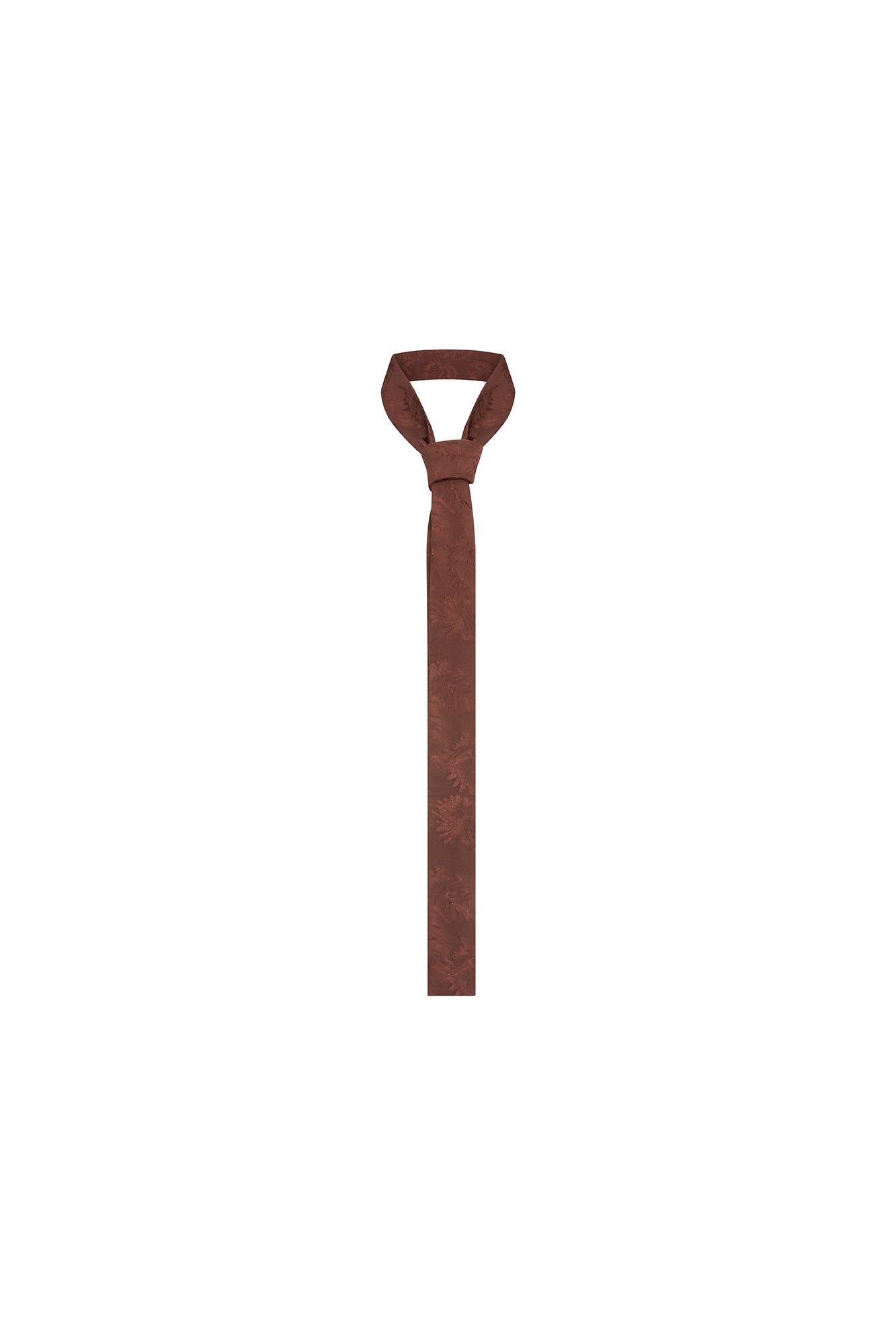 Bettina Spitz slim brown tie shown knotted with a straight square end against a white background