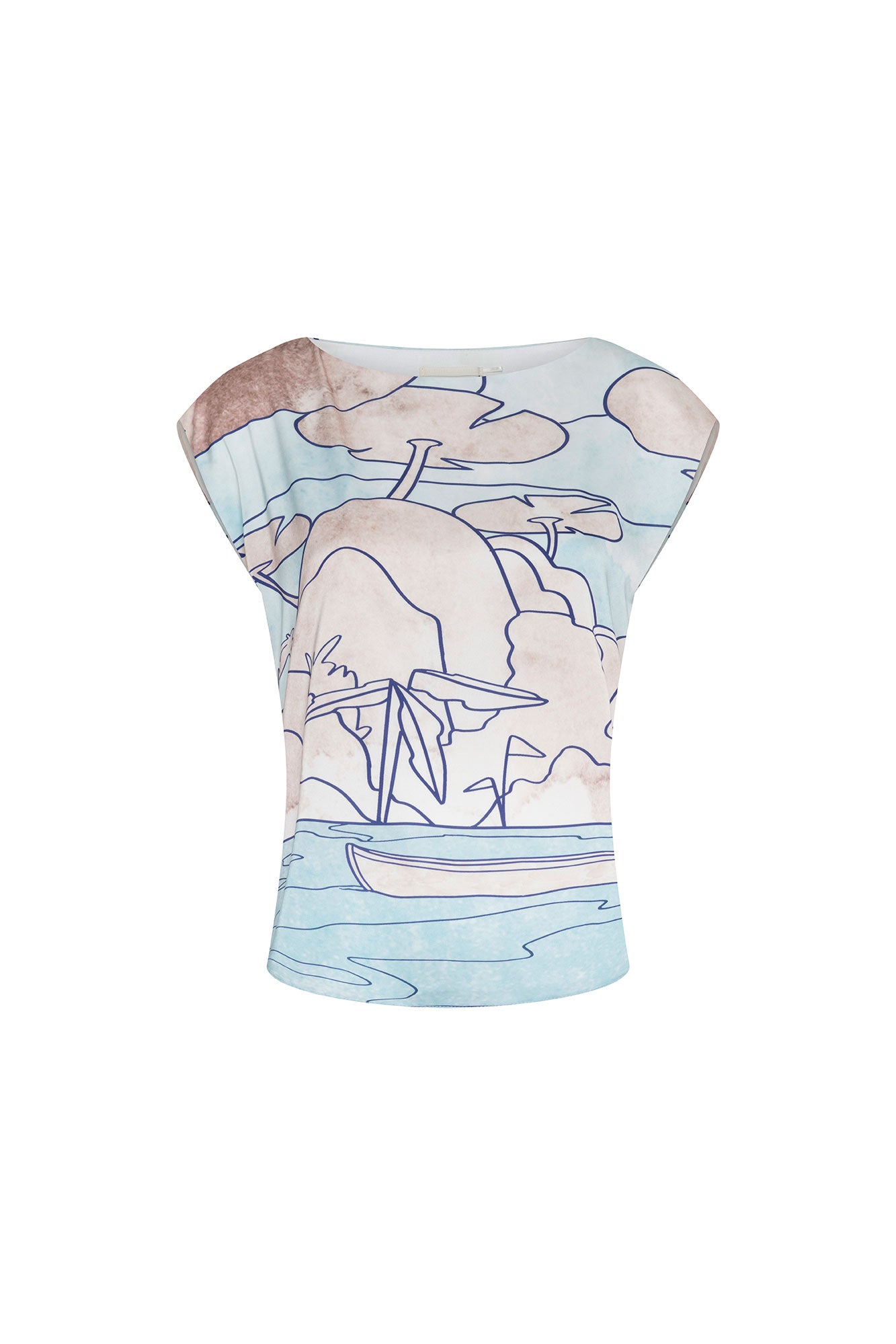 Front view of Bettina Spitz pale-blue cap-sleeve top with navy landscape print and blush and ivory accents