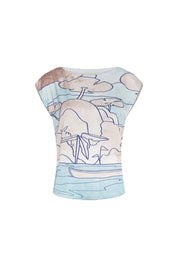 Front view of Bettina Spitz pale-blue cap-sleeve top with navy landscape print and blush and ivory accents