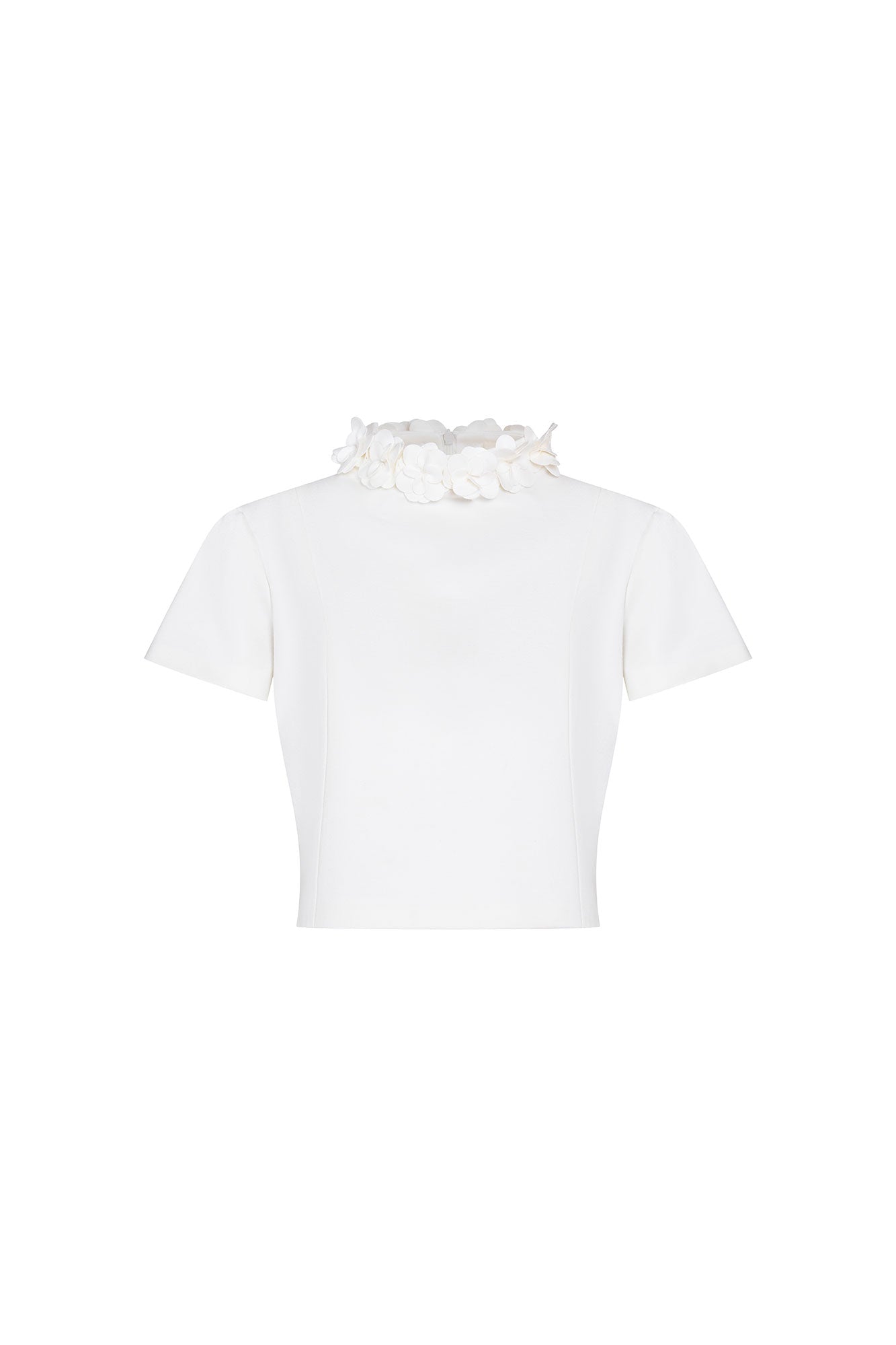 The Flor Crop Ivory Cropped Top — full front flat view showing fitted silhouette with flutter sleeves and hand-crafted 3D ivory flower wreath neckline