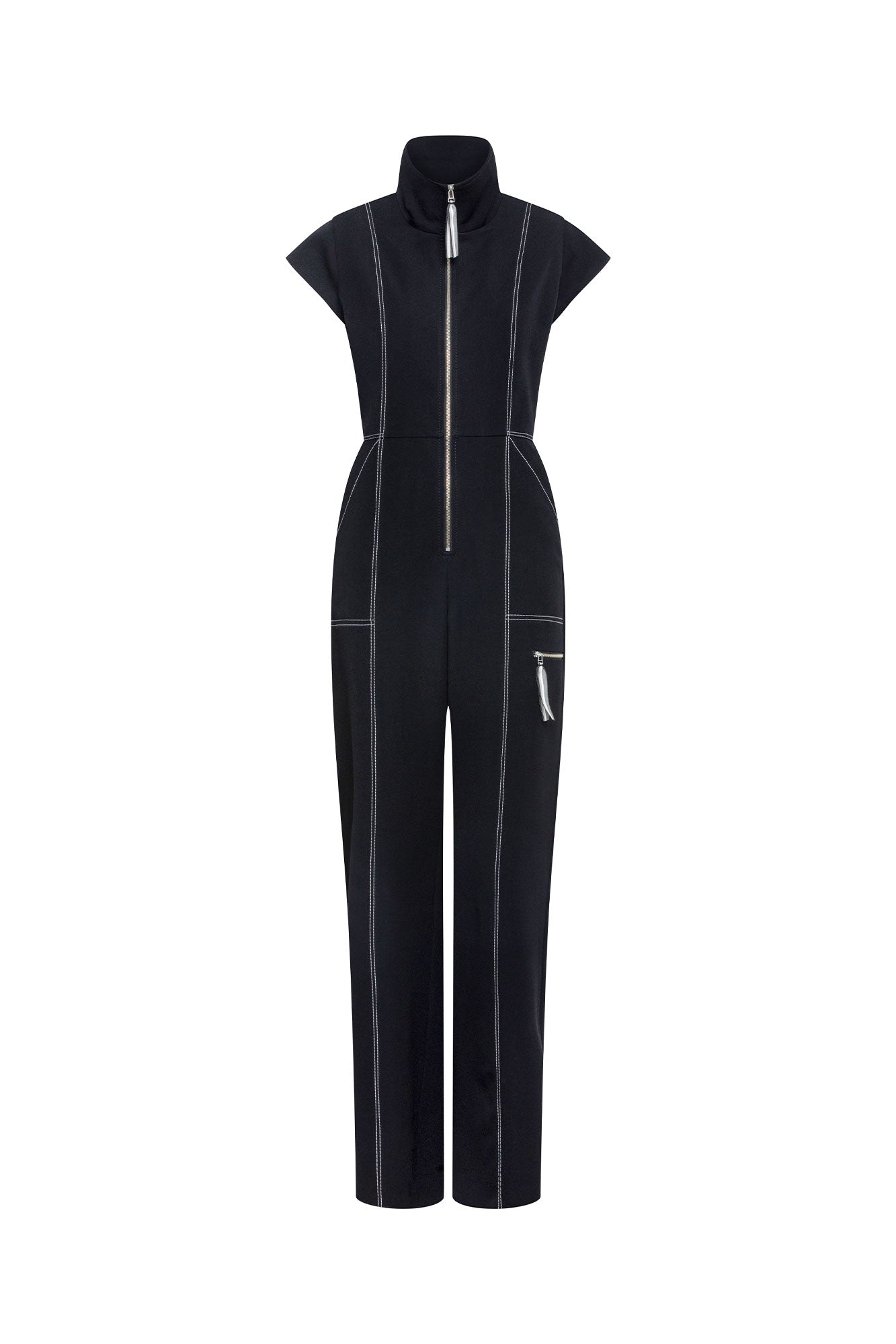 Double Topstitch Zip Jumpsuit — Black