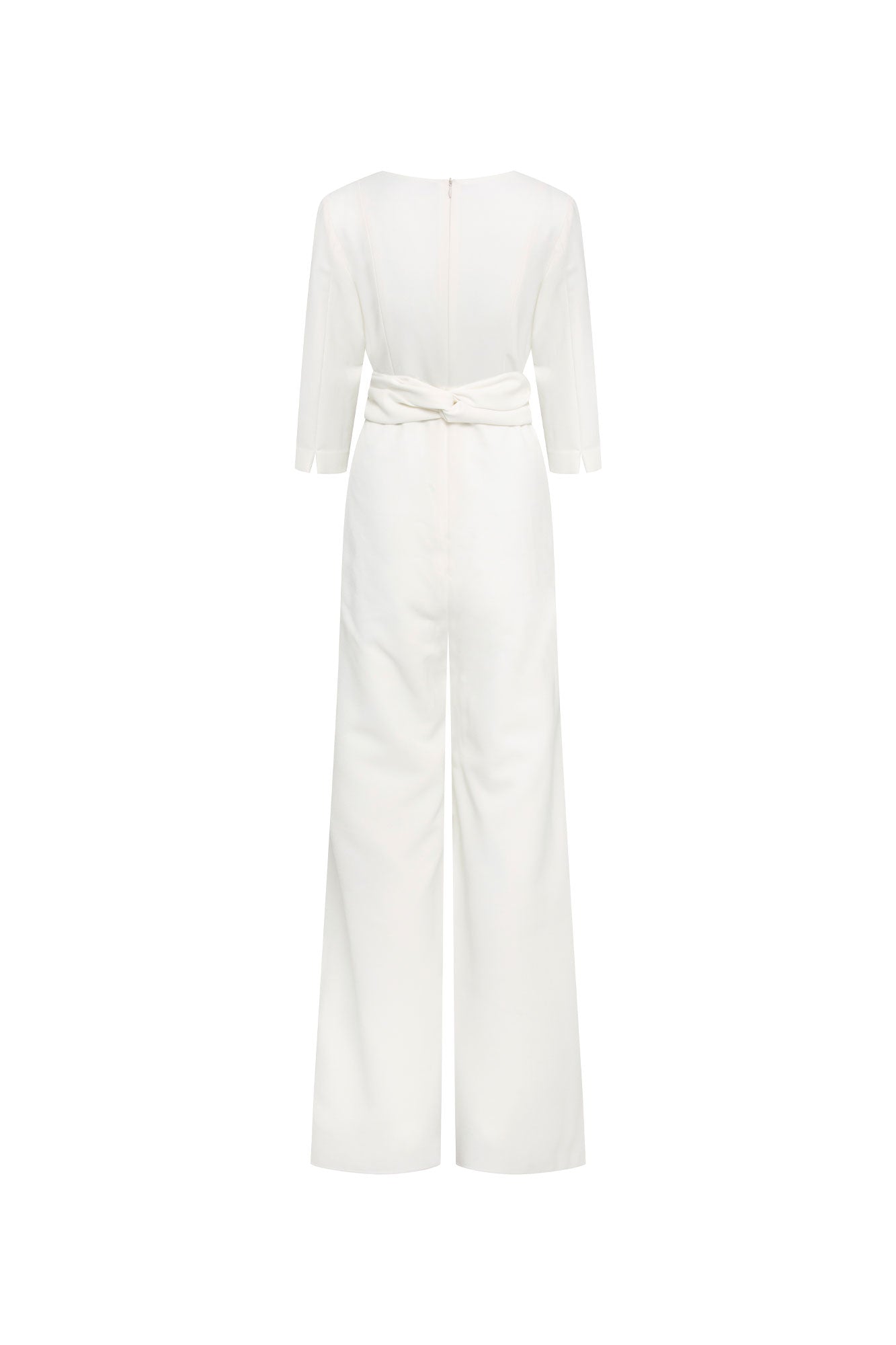The Enterizo V Ivory Wide-Leg Jumpsuit — back view with zipper closure and Bettina Spitz label