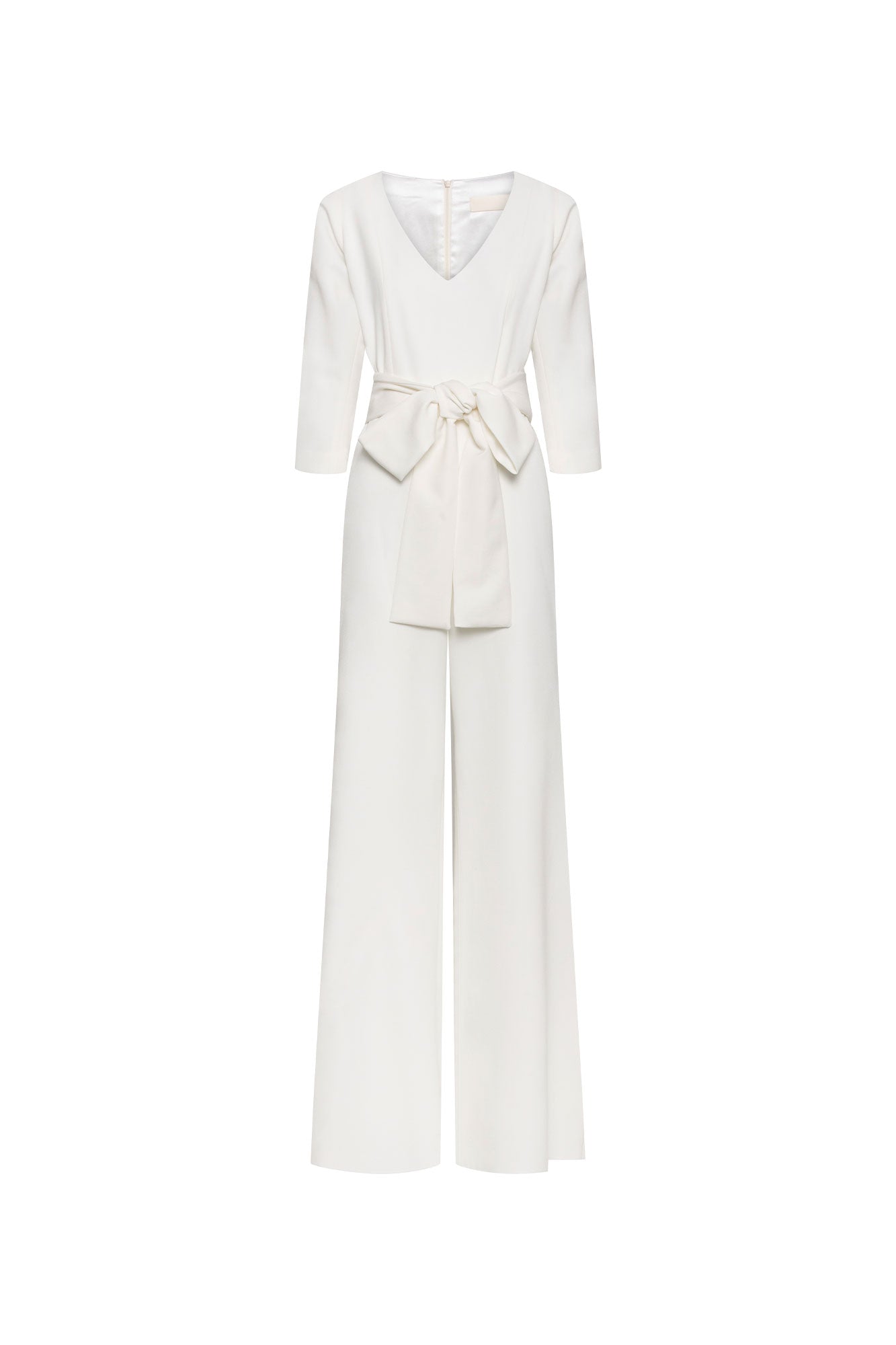 The Enterizo V Ivory Wide-Leg Jumpsuit — full front view with V-neckline, tie belt bow and wide-leg trousers