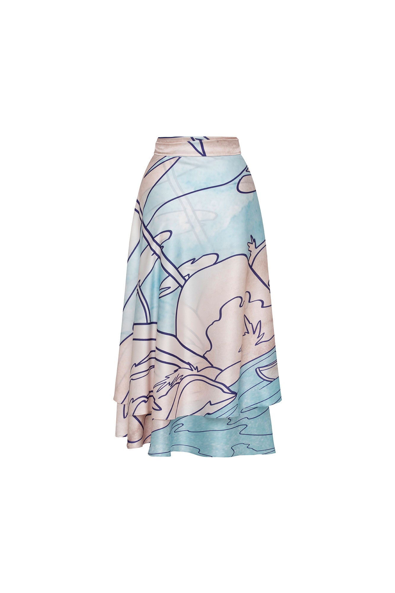 Back view of Carlota printed midi skirt showing navy landscape outlines and asymmetric overlapping hem