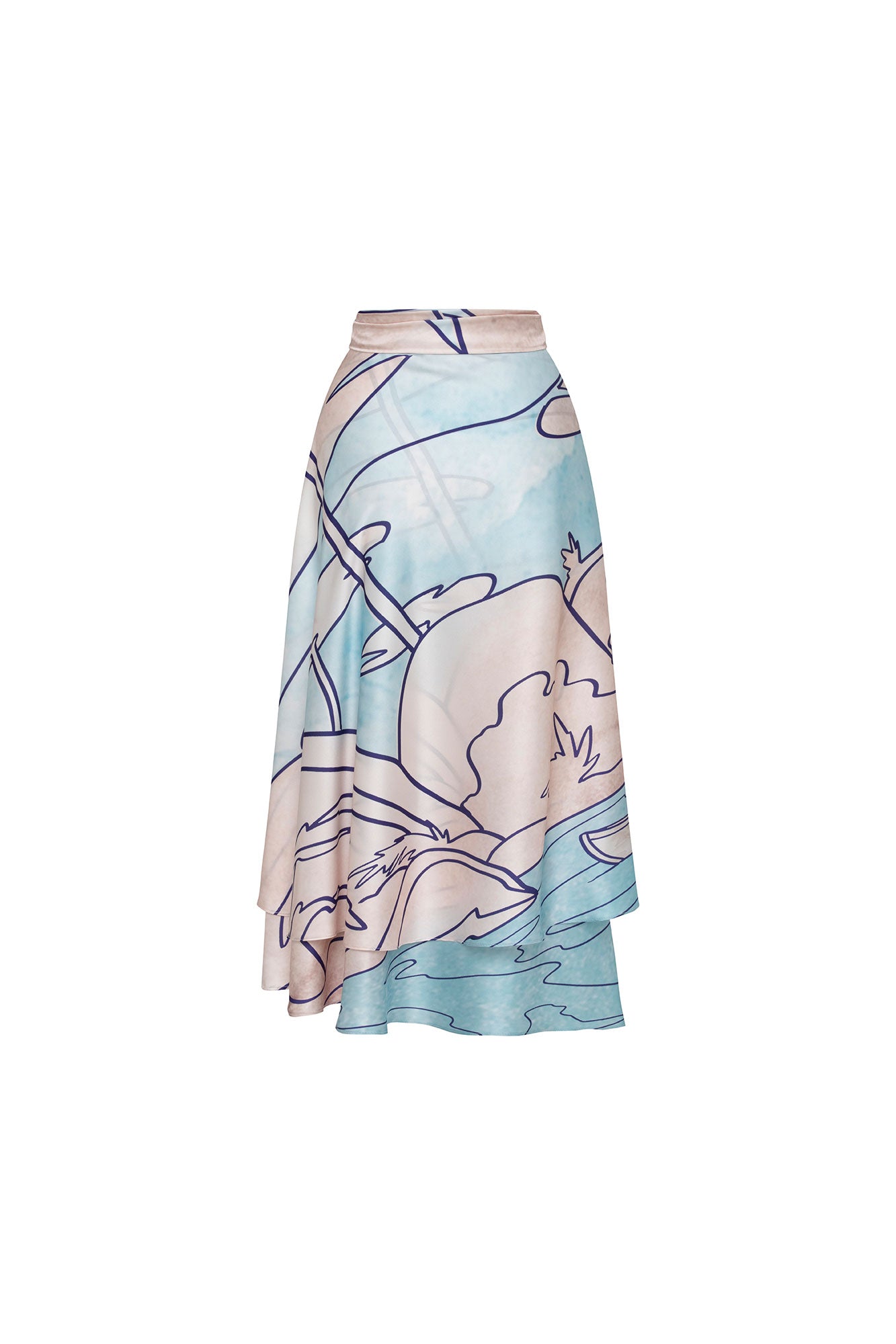Back view of Carlota printed midi skirt showing navy landscape outlines and asymmetric overlapping hem