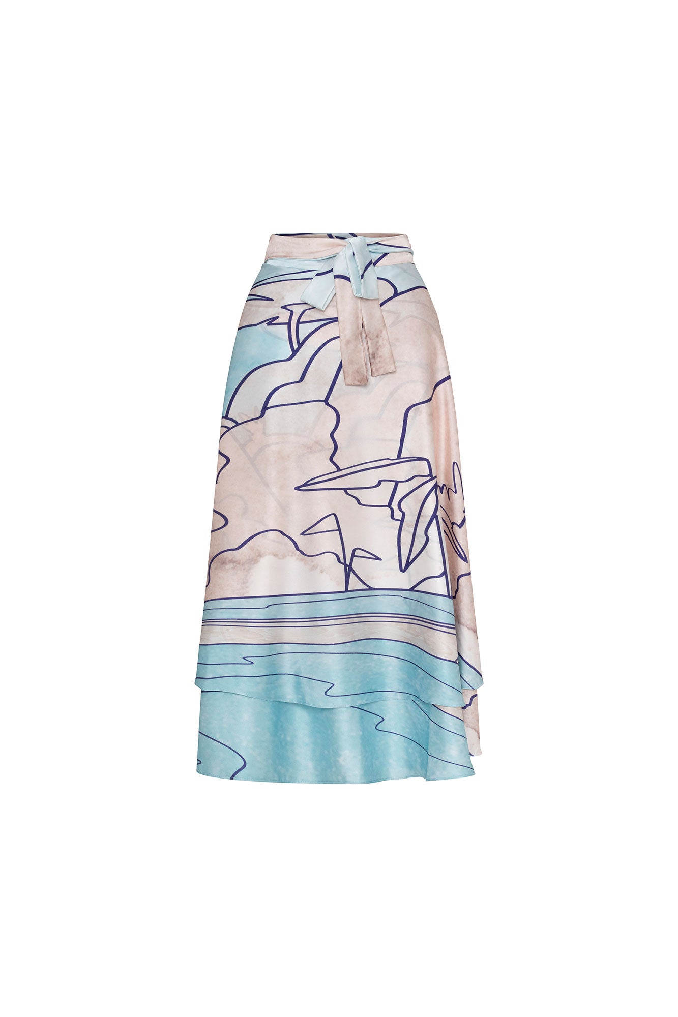 Front view of Bettina Spitz Carlota landscape print skirt with tie waist in pale blue, blush and ivory