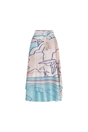Front view of Bettina Spitz Carlota landscape print skirt with tie waist in pale blue, blush and ivory