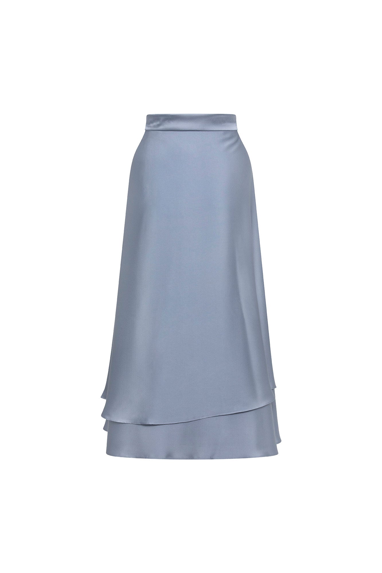 Indigo Satin Double-Layer Midi Skirt