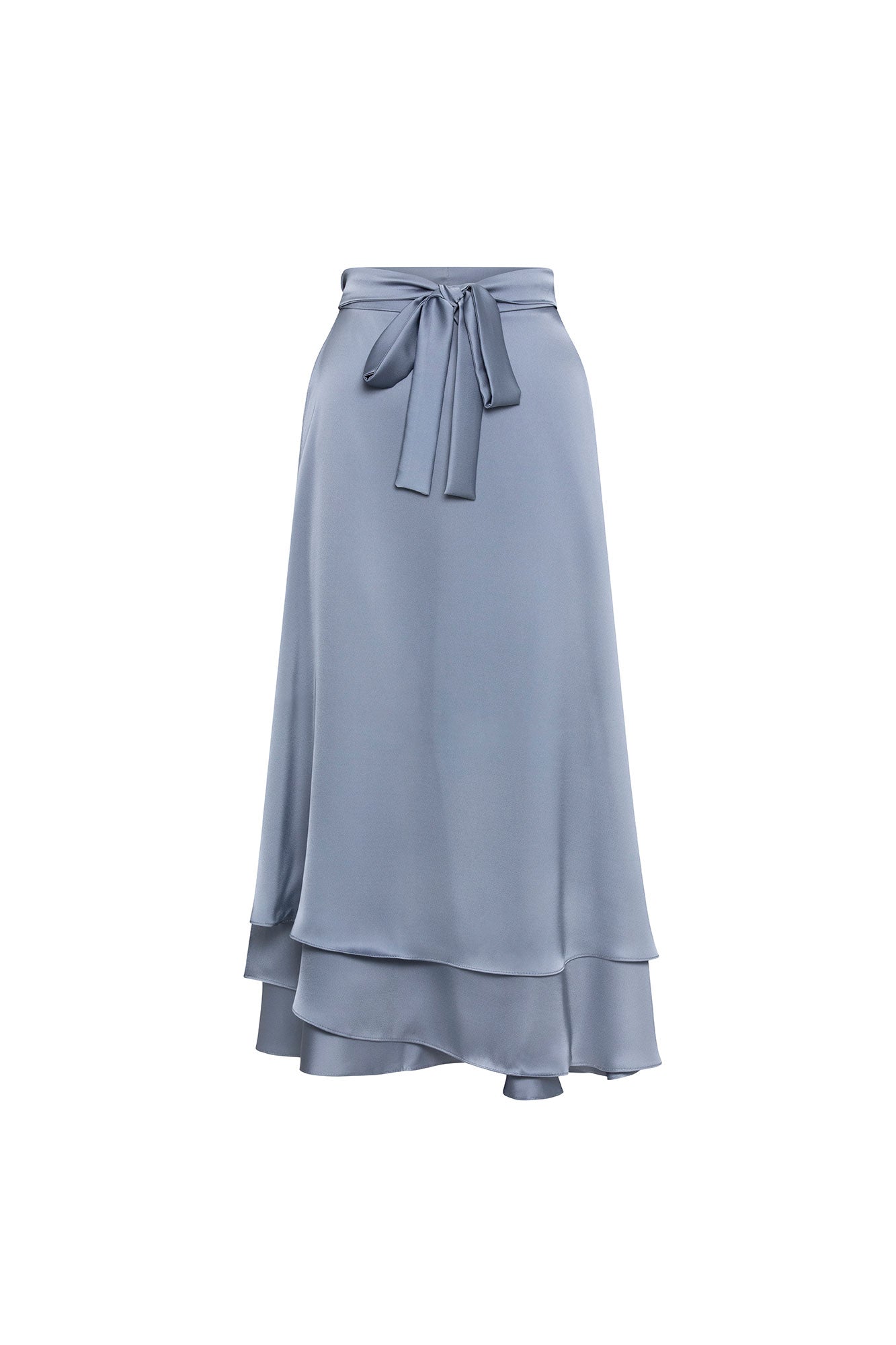 Indigo Satin Double-Layer Midi Skirt