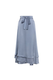 Indigo Satin Double-Layer Midi Skirt