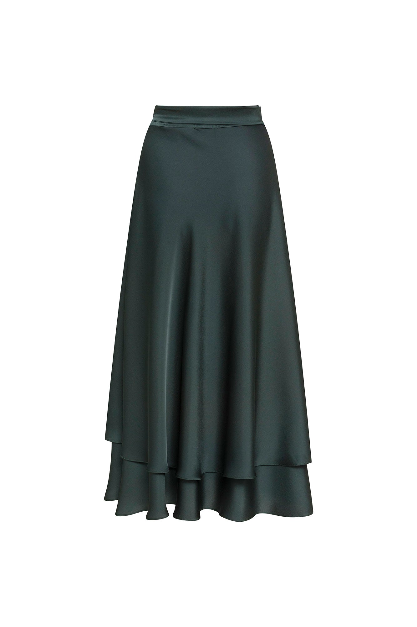 Green Satin Double-Layer Midi Skirt