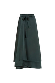 Green Satin Double-Layer Midi Skirt
