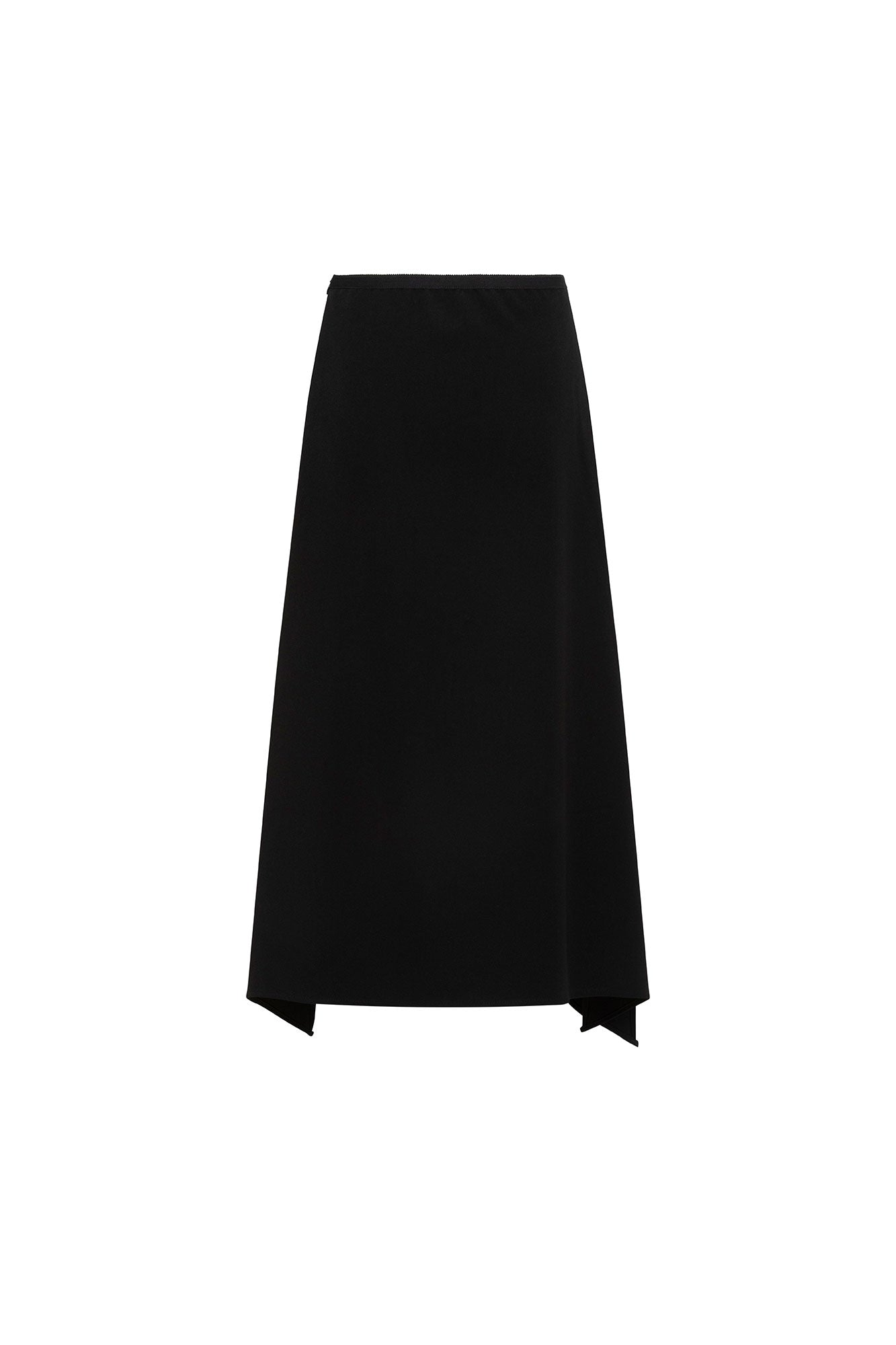 Back view of black flared midi skirt with pointed panels extending below the centre hem