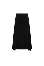 Back view of black flared midi skirt with pointed panels extending below the centre hem