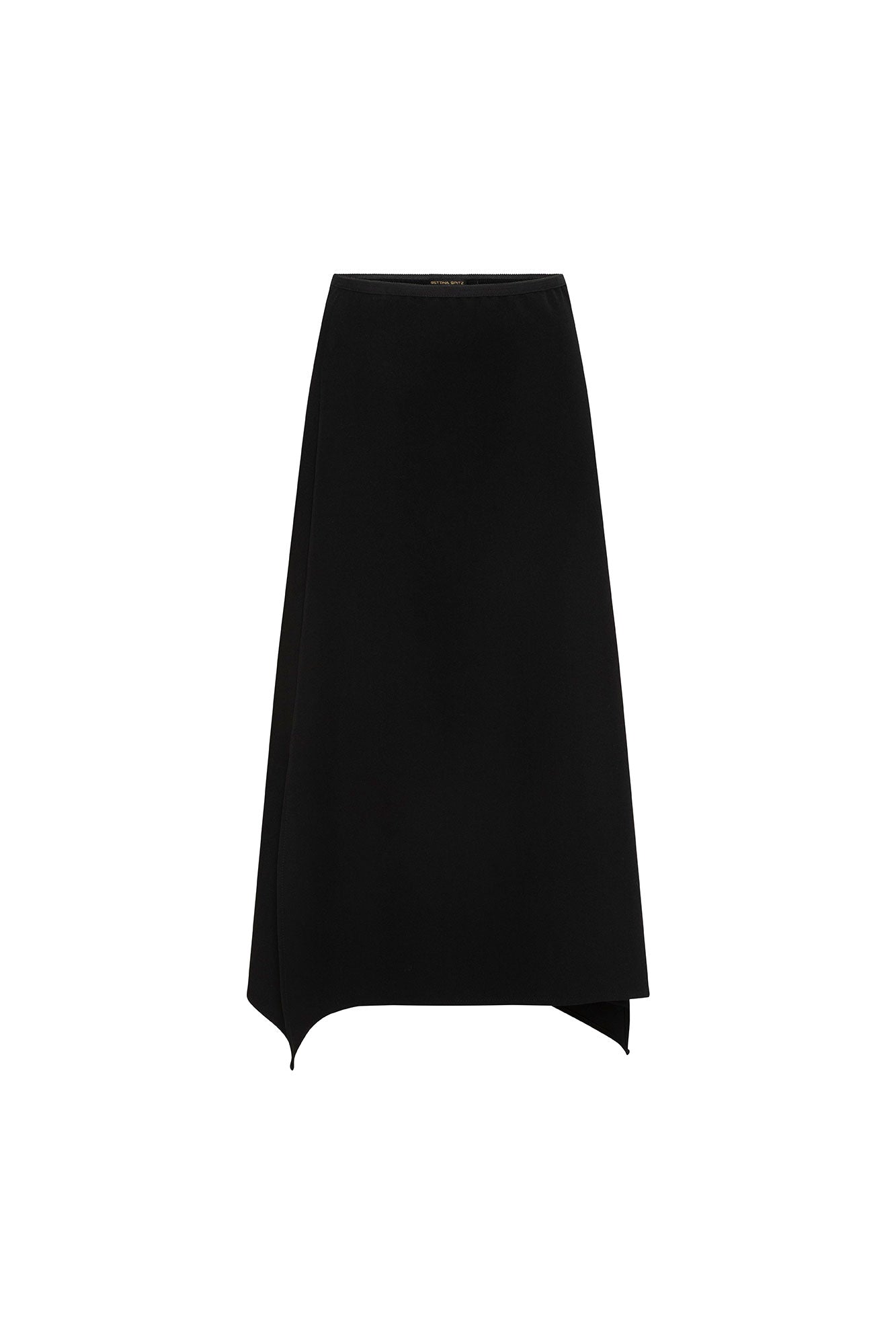 Front view of Bettina Spitz black midi skirt with narrow waistband and pointed side hem