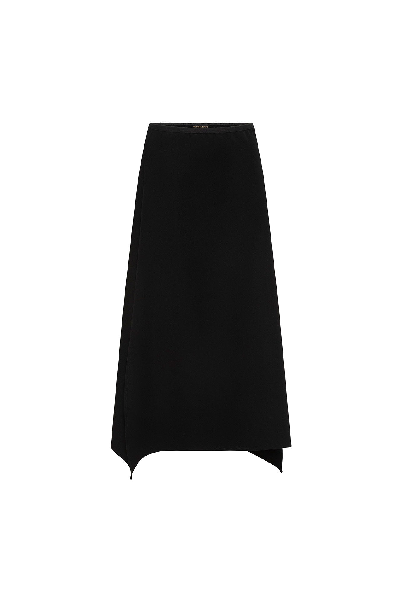 Front view of Bettina Spitz black midi skirt with narrow waistband and pointed side hem