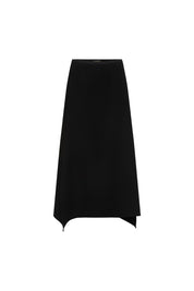 Front view of Bettina Spitz black midi skirt with narrow waistband and pointed side hem