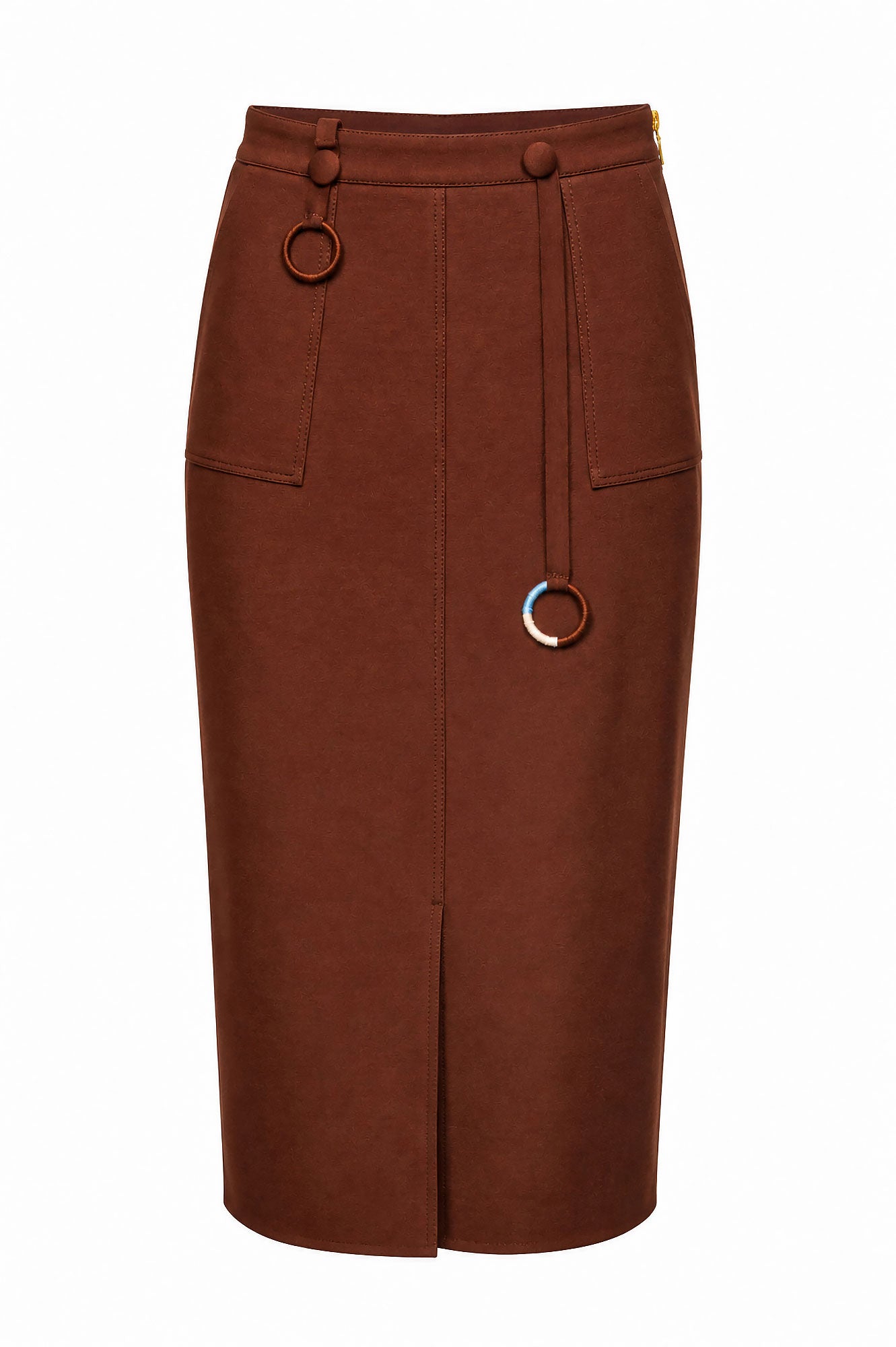 Chocolate Ring-Detail Midi Skirt