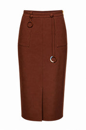 Chocolate Ring-Detail Midi Skirt