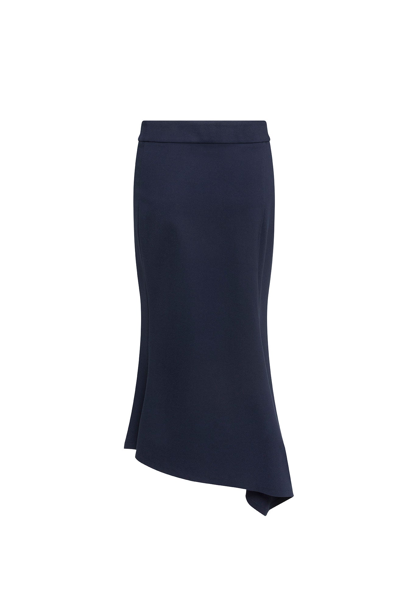 The Falda Línea Navy Asymmetric Fishtail Midi Skirt — back view showing wide waistband and sweeping fishtail point