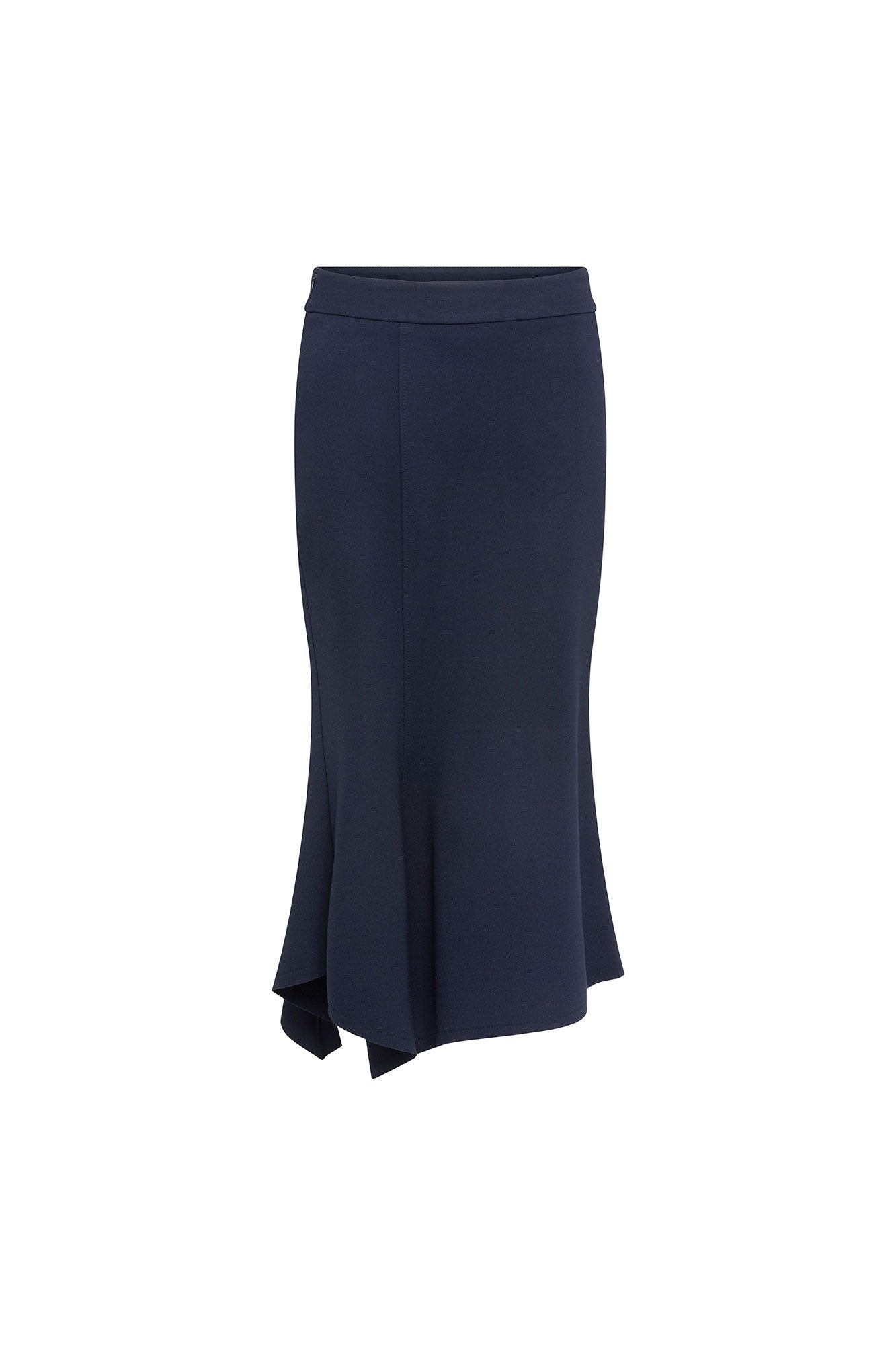 The Falda Línea Navy Asymmetric Fishtail Midi Skirt — front view showing fitted silhouette and dramatic asymmetric fishtail hem