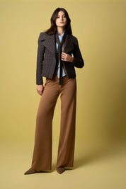 Belted Tweed Jacket with Lapel Collar – Brown