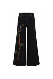 Black Wide-Leg Jeans with Bird Embroidery