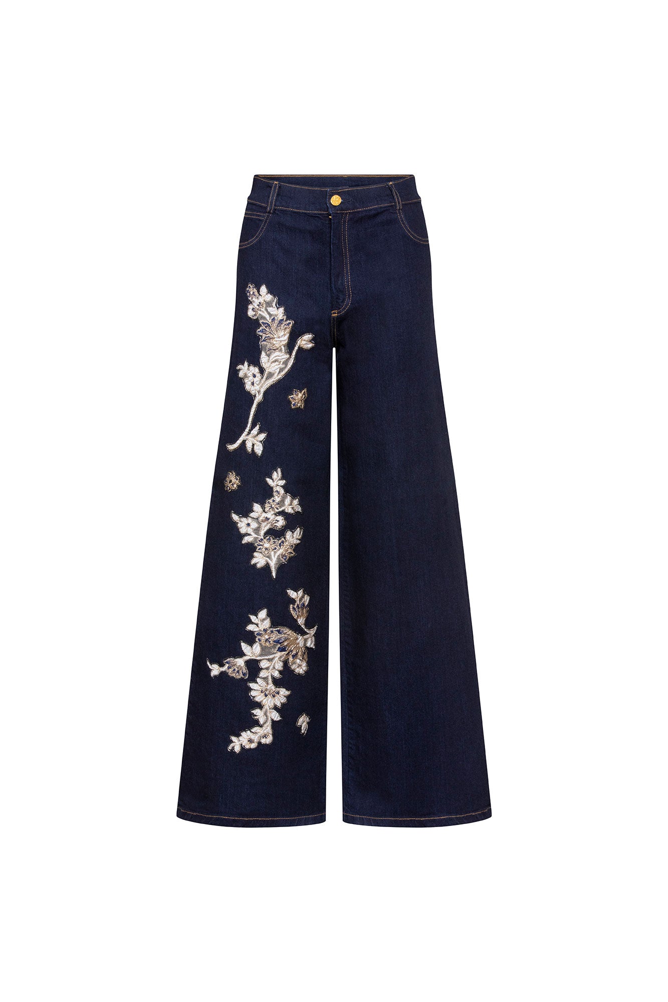 The Jean Barroco Navy Wide-Leg Jeans — full front view showing structured dark navy denim with gold button and hand-embroidered baroque silver floral vine on left leg
