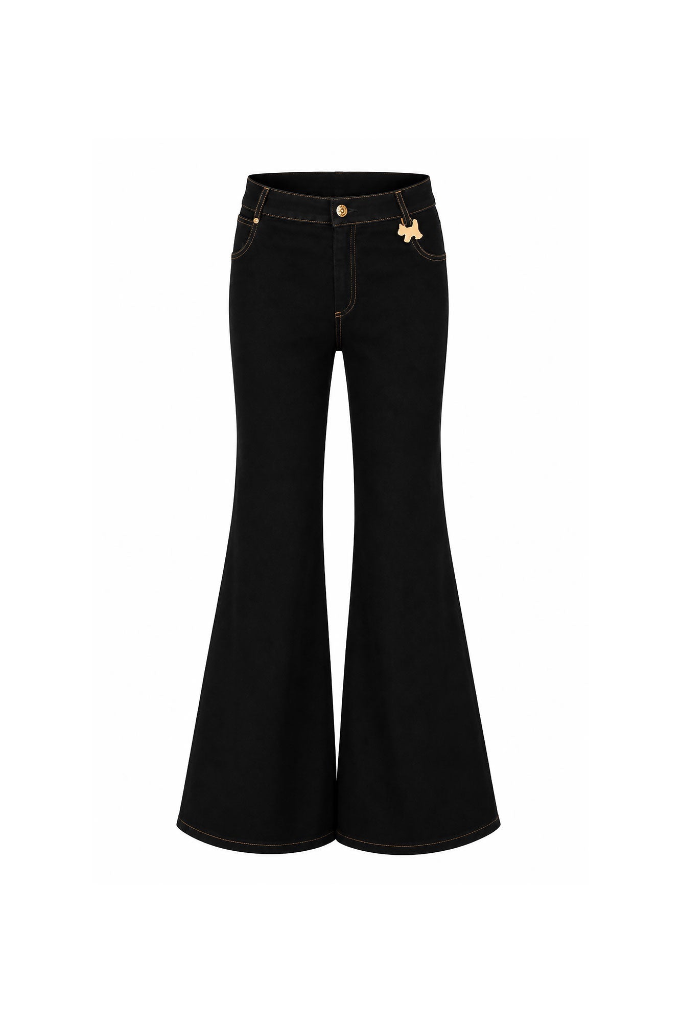 Black bell-bottom jeans with gold dog charm - front view