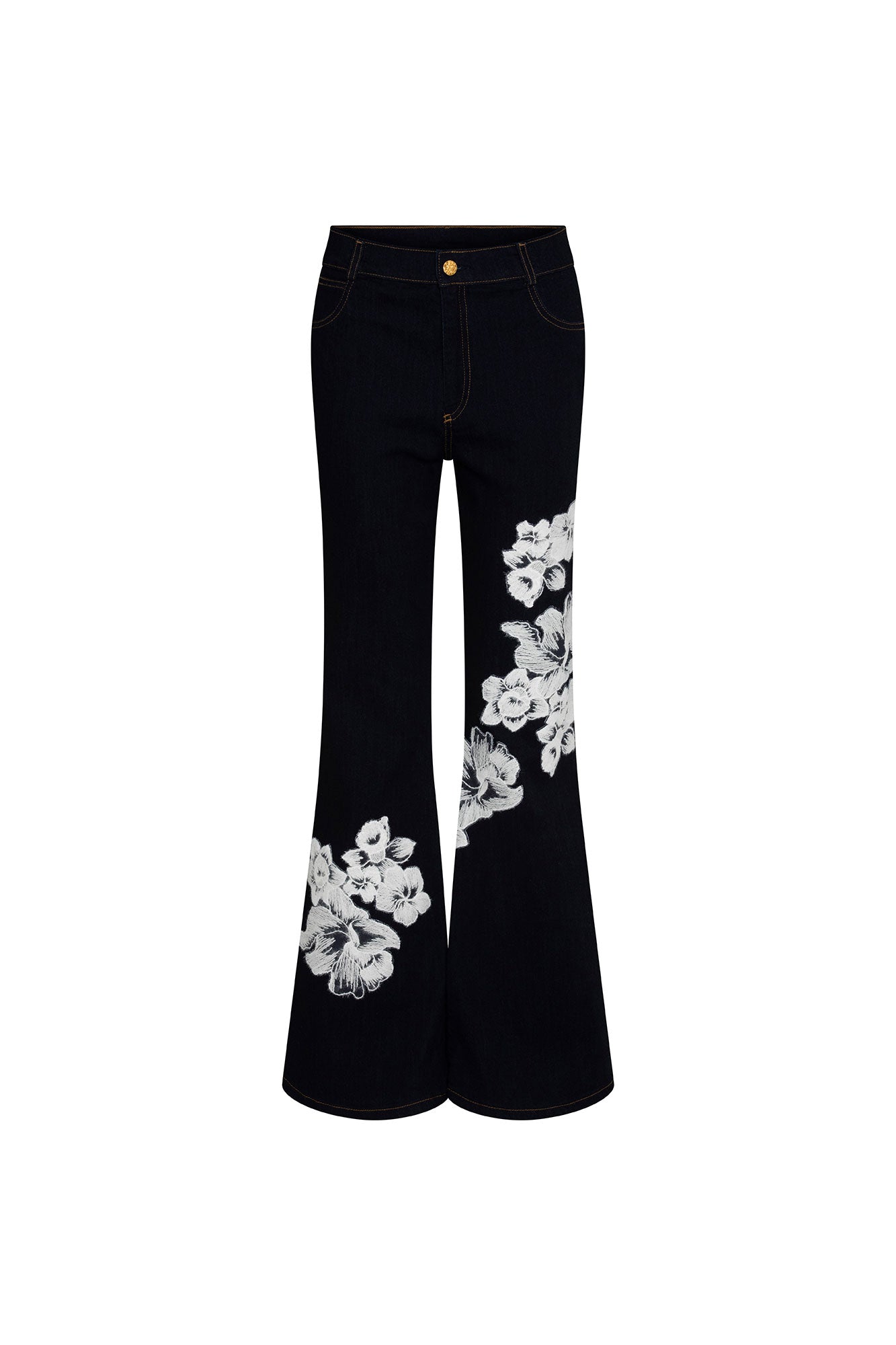 The Jean Campana Flor Hilo Navy — full front view showing high-rise dark navy stretch denim flare jeans with single gold button at waistband, contrast topstitching, and large-scale white botanical iris and peony embroidery across right thigh panel and left flare