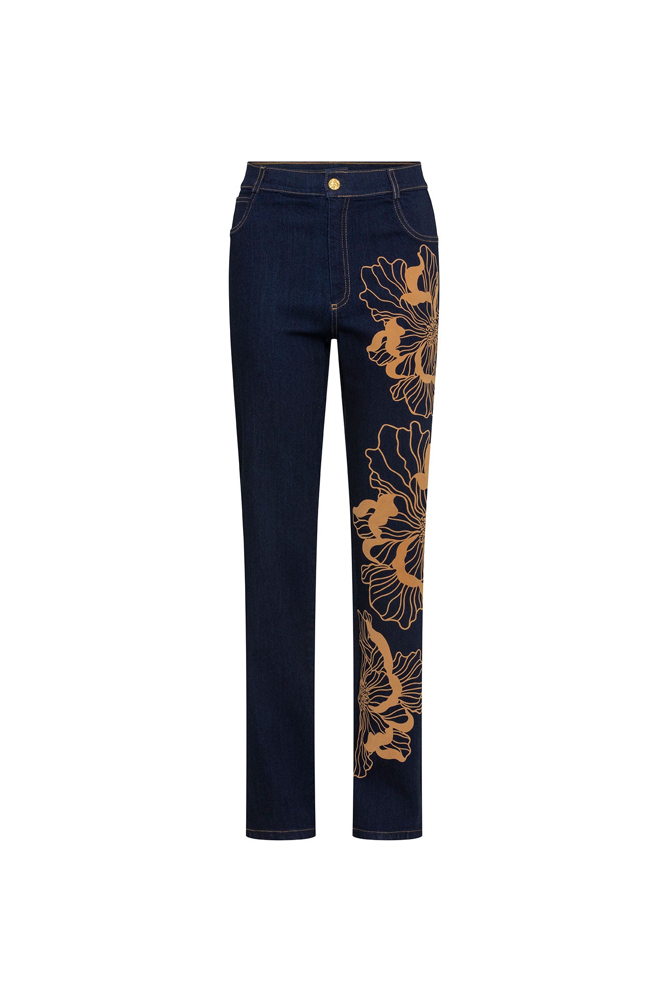 The Jean Recto Flor Maxi Navy Straight-Leg Jean — full front view showing high-rise straight-leg silhouette with cascading maxi caramel gold peony embroidery running from hip to hem on right leg