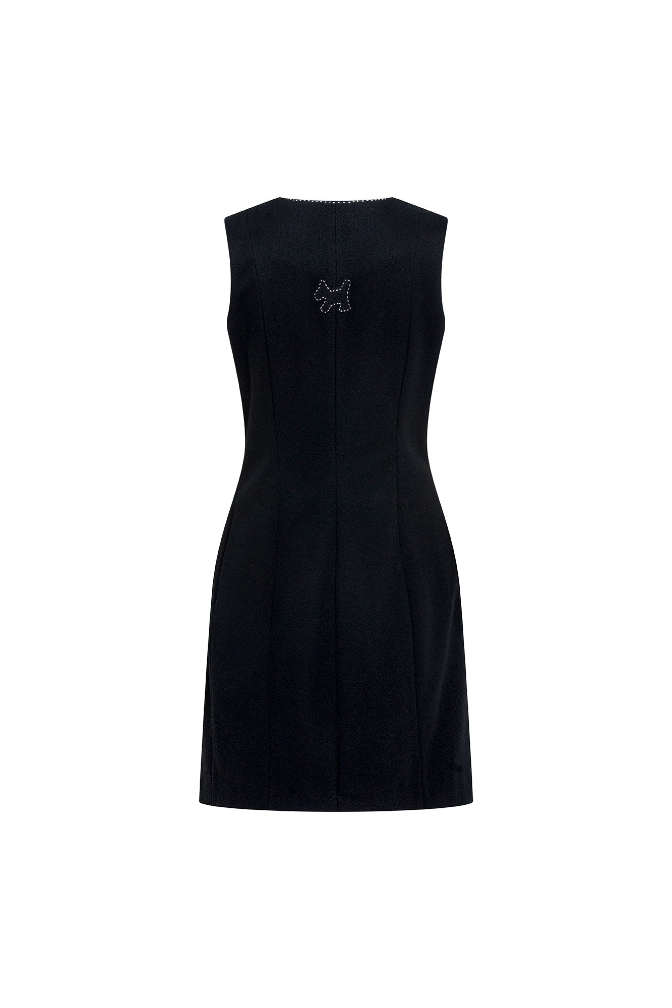 The Jumper Perrito Pespunte Negro — back view showing smooth structured black crepe fitted silhouette with BS Bettina Spitz silver logo label at center back neckline and crystal stud trim along bateau neckline edge